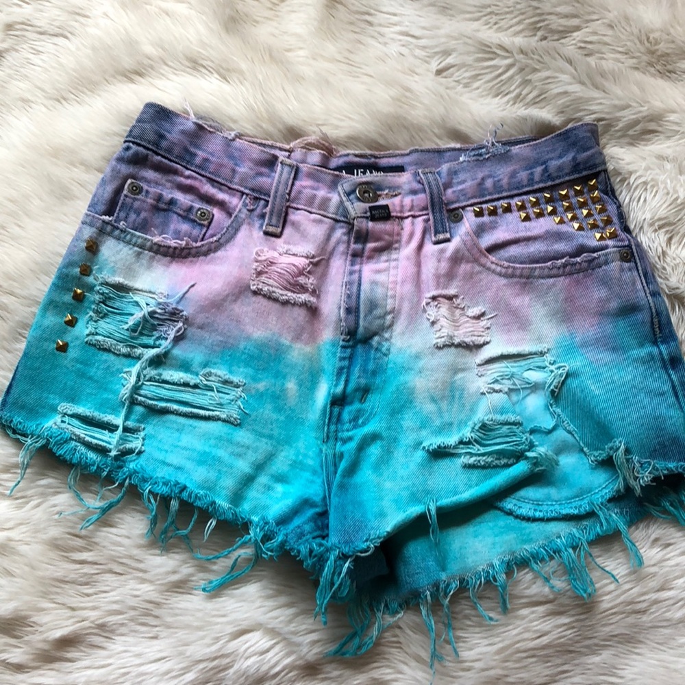 Distressed tie dye jean shorts high waisted